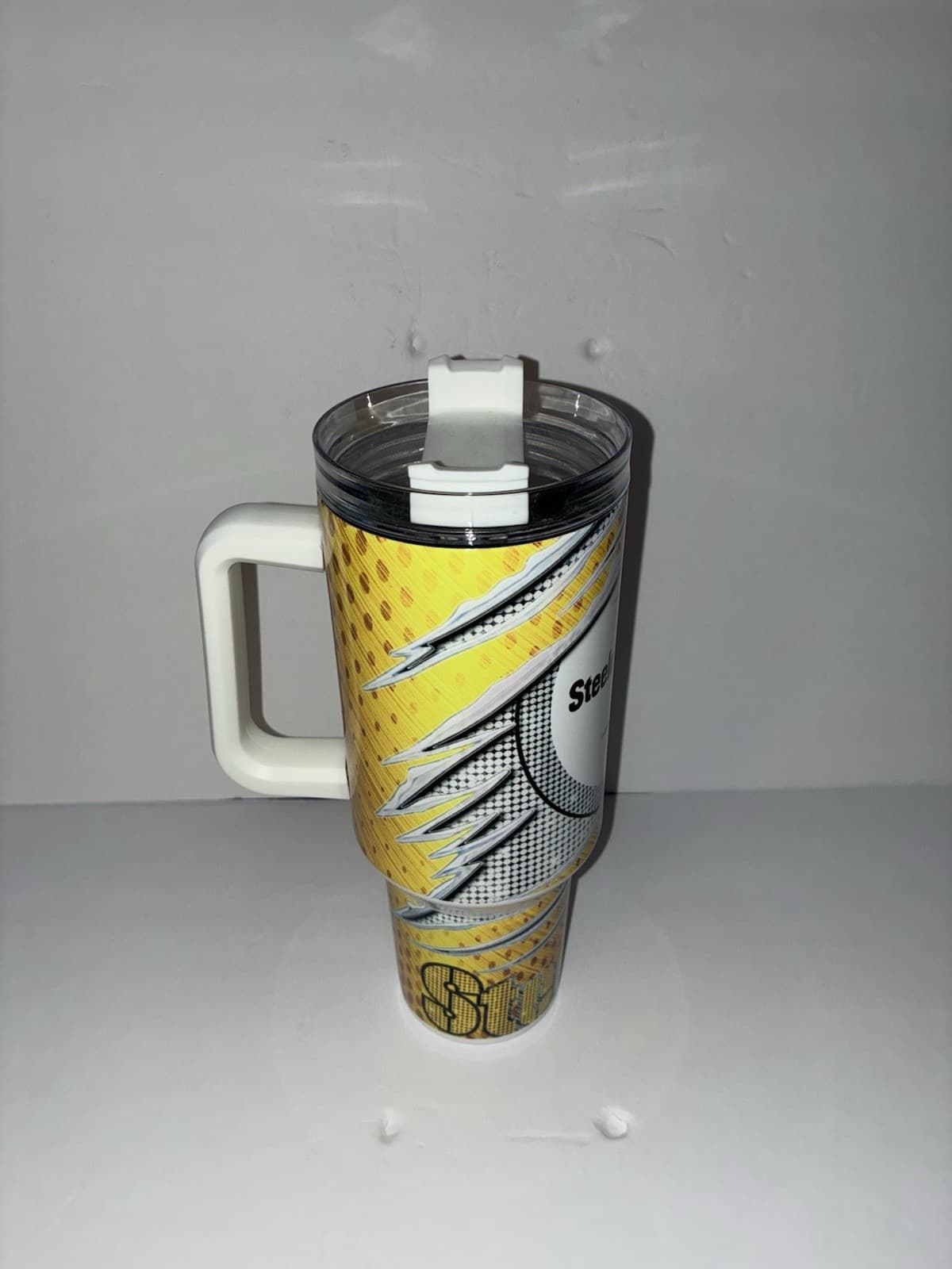 Pittsburgh Steelers NFL Handled Tumbler Cup w/ Lid Yellow Black White - Thumbnail 3