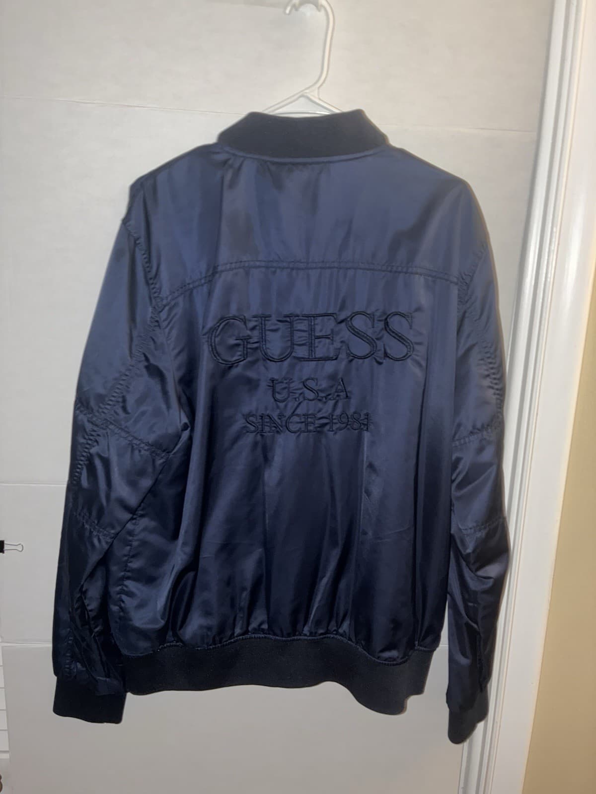 Vintage GUESS Men’s Blue Bomber Jacket Full Zip XL Embroidered Logo Band Collar - Thumbnail 8
