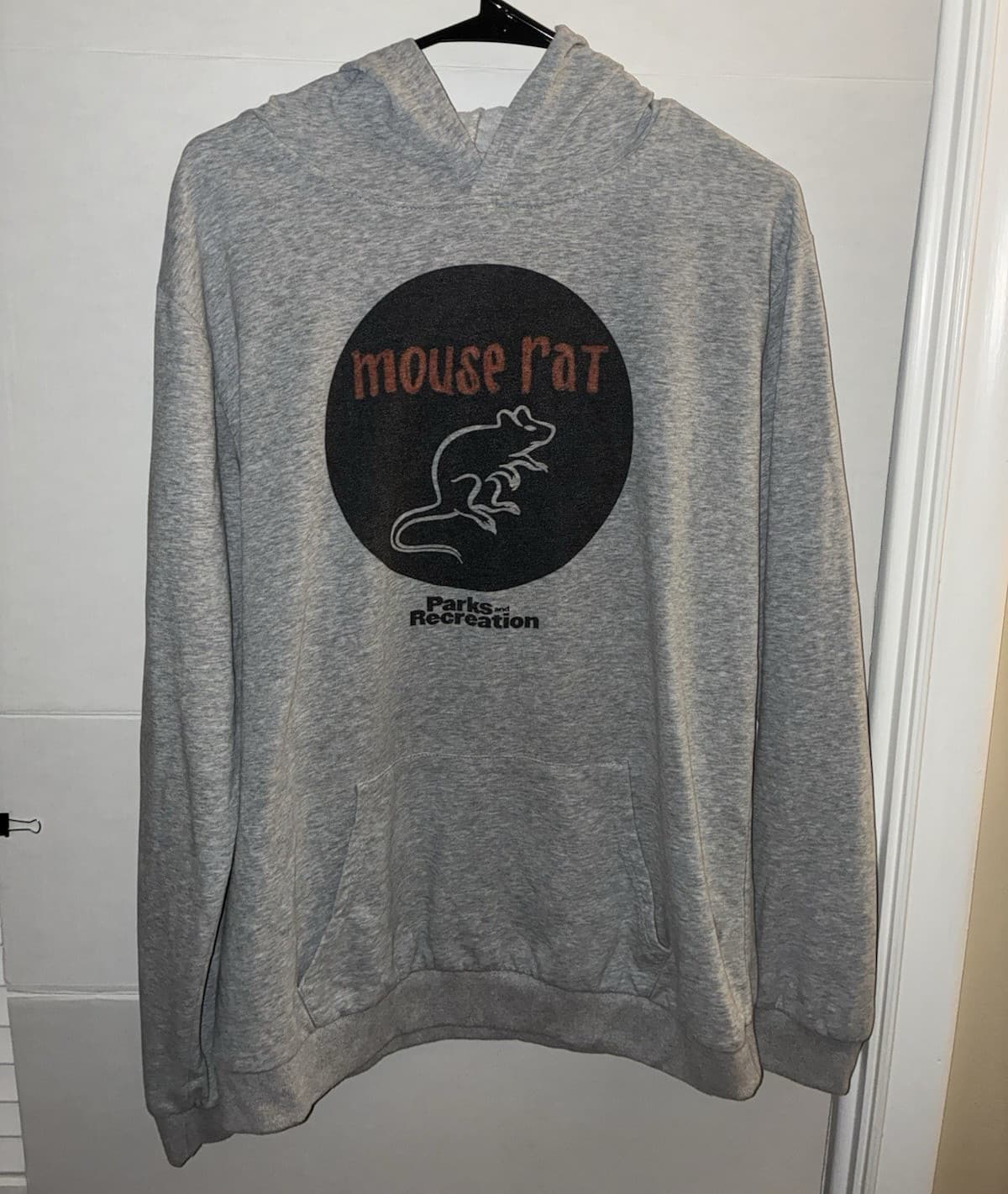 Men's L Gray Mouse Rat Parks and Recreation Fleece Pullover Hoodie w/ Pockets