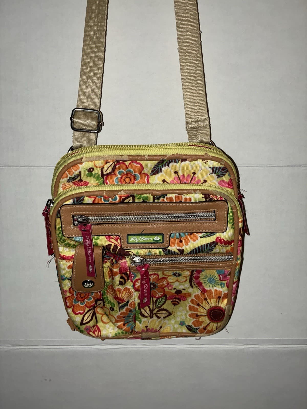 Lily Bloom Floral Multicolor Crossbody Bag Multi-Zip Pockets Pink Lining