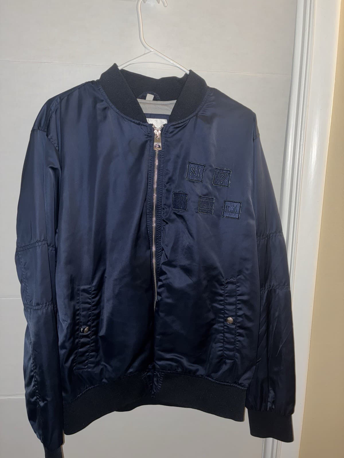 Vintage GUESS Men’s Blue Bomber Jacket Full Zip XL Embroidered Logo Band Collar