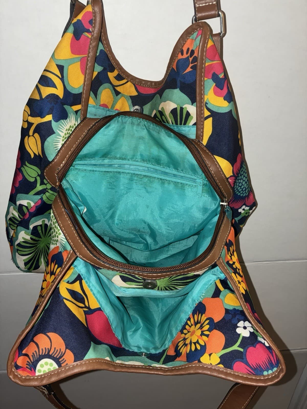 Lily Bloom Floral Multicolor Medium Shoulder Bag Zip/Magnetic, Pockets, Brown - Thumbnail 4