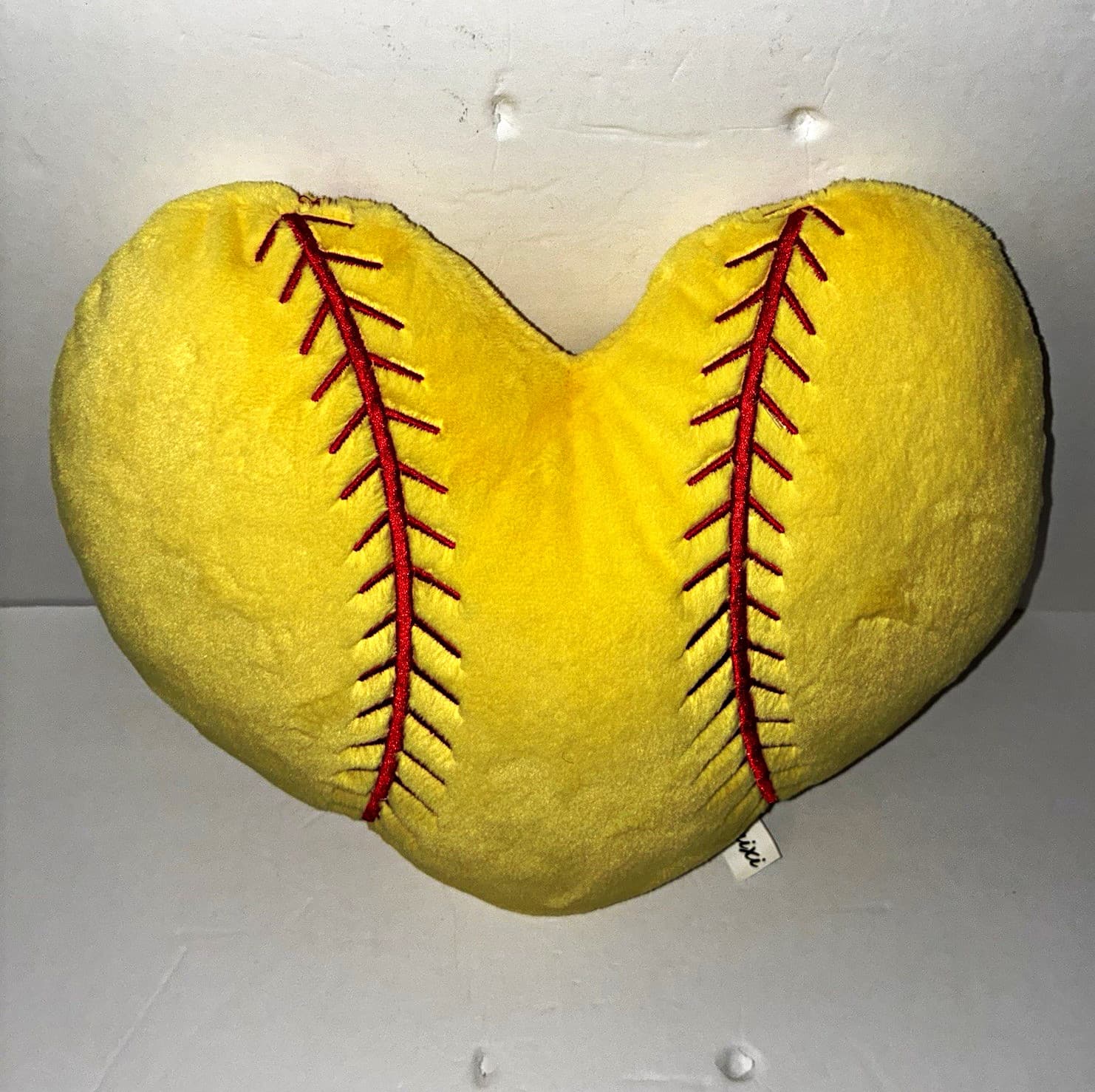 Akairi Yellow Heart Softball Stitch Plush Pillow, Red Stitching, Valentine’s