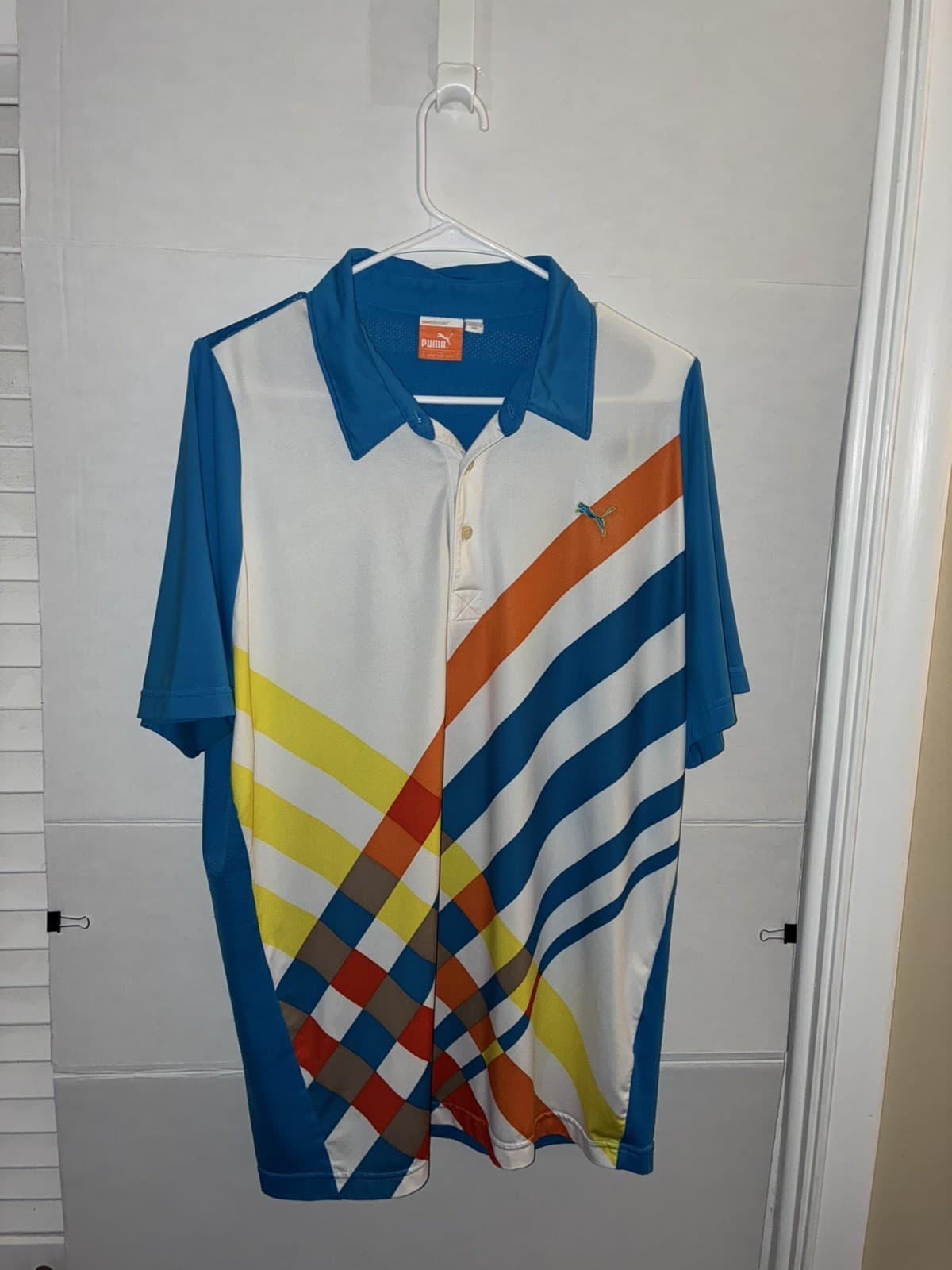 Puma Mens Sportlifestyle Polo Shirt Blue Multicolor Geometric Stripe Size L Golf