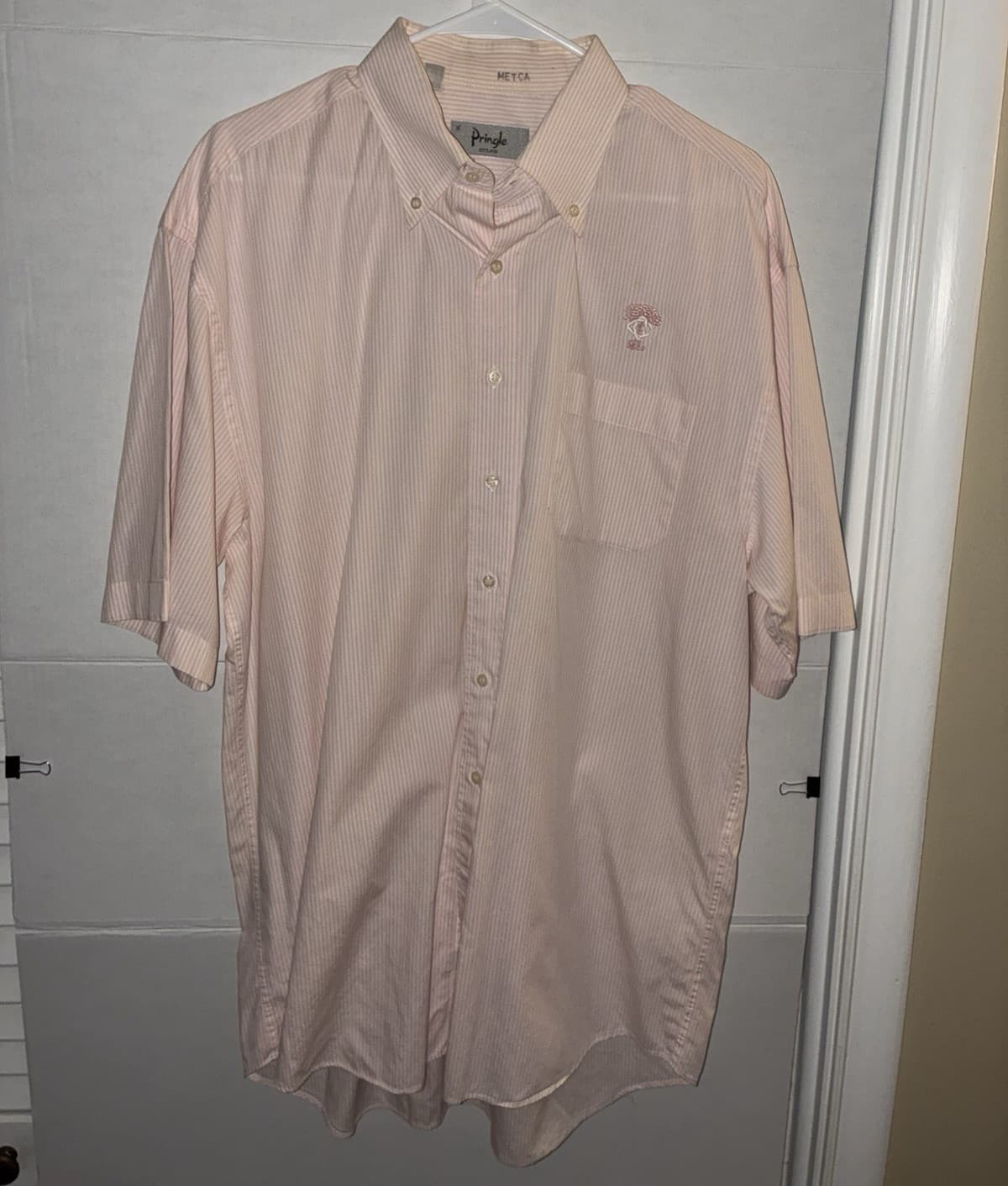 Pringle of Scotland METCA Men's XL Pink White Striped SS Button-Down Pockets