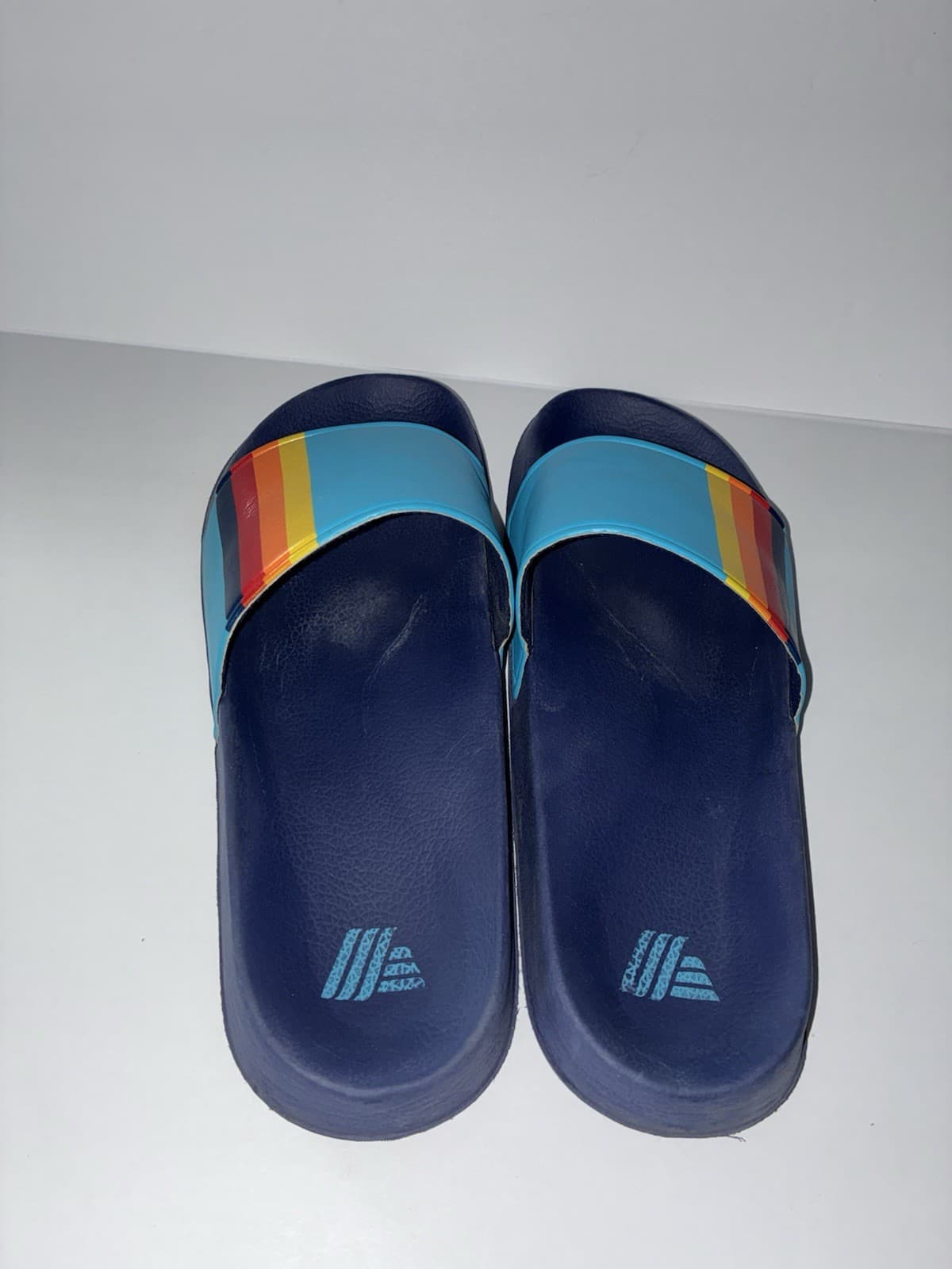 Aldi retro Unisex Slide Sandals Navy/Blue Multicolor Striped Logo Slip-On US 10 - Thumbnail 2