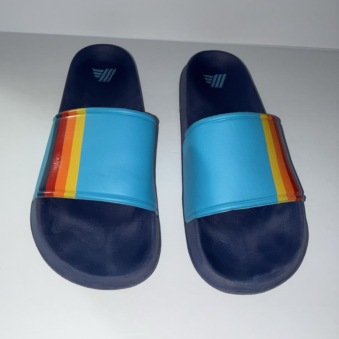 Aldi retro Unisex Slide Sandals Navy/Blue Multicolor Striped Logo Slip-On US 10
