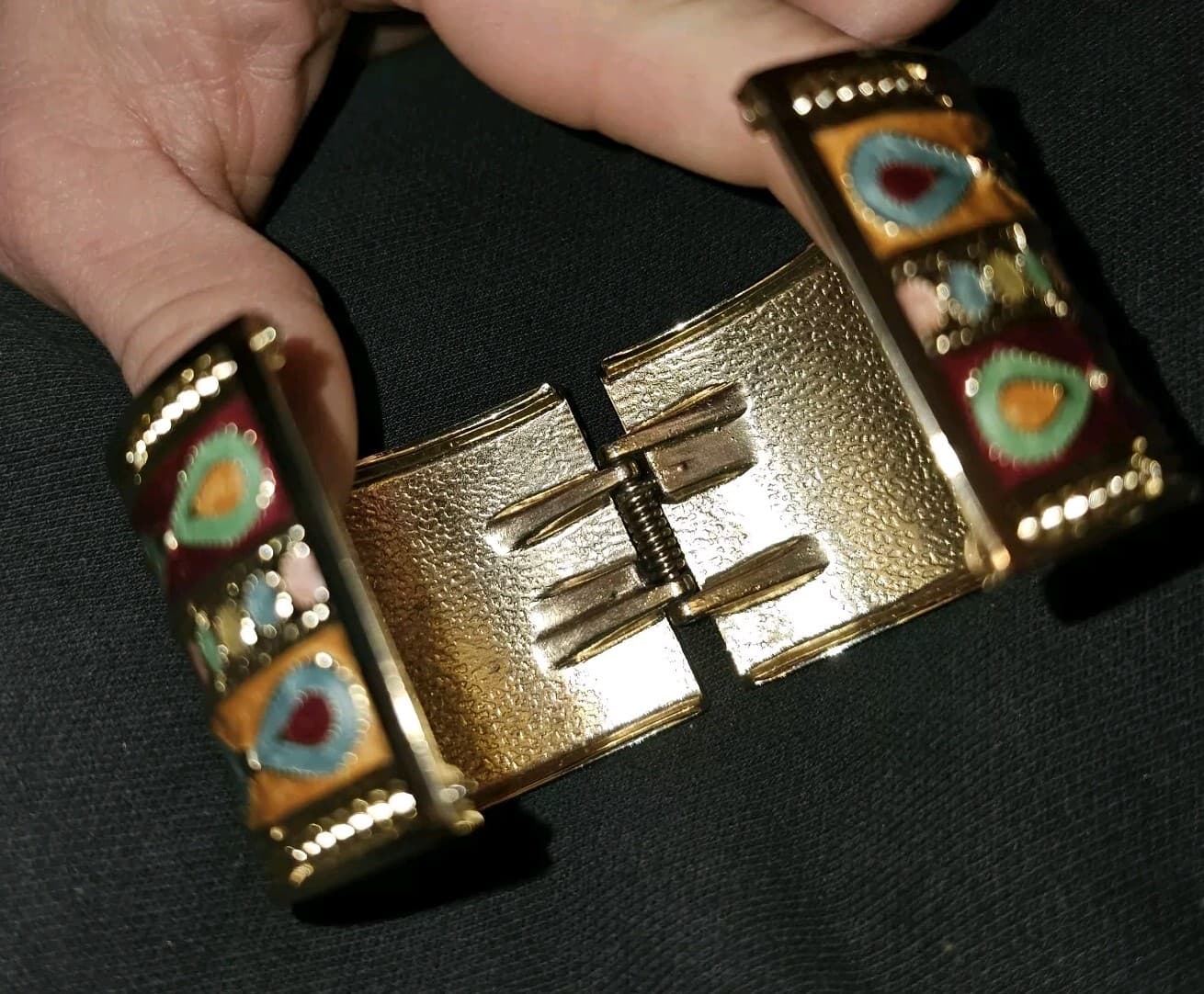 Vintage colorful enamel bracelet wide band hinged gold Egyptian/Tibetin - Thumbnail 5
