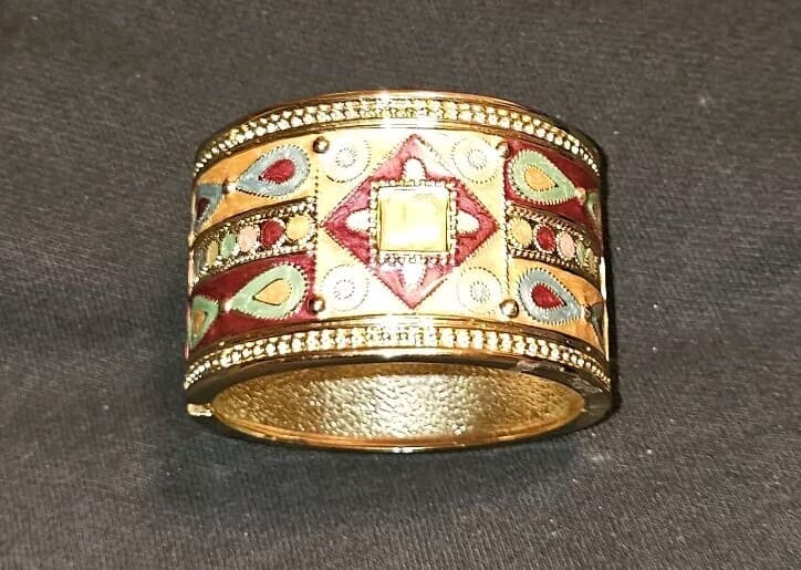 Vintage colorful enamel bracelet wide band hinged gold Egyptian/Tibetin
