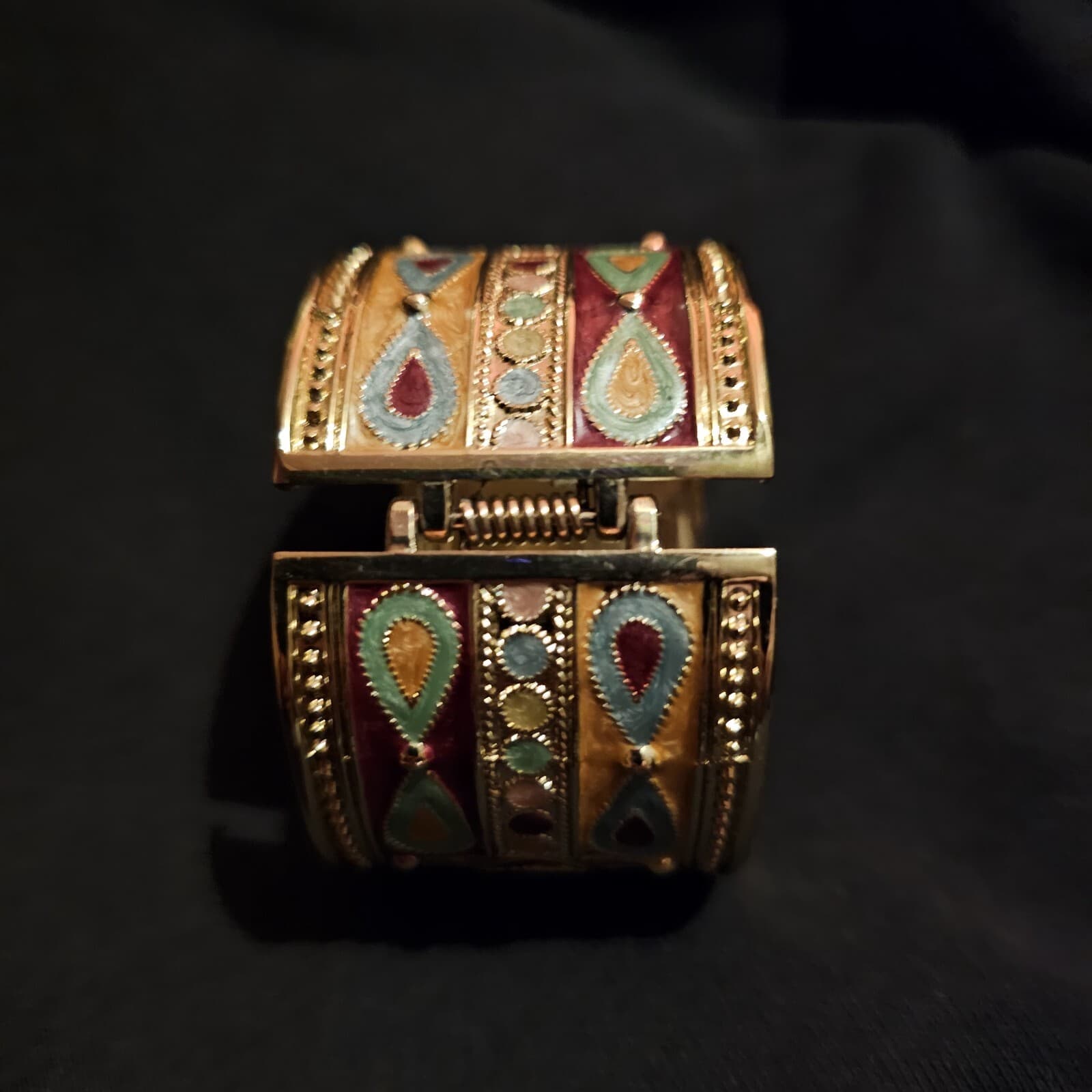 Vintage colorful enamel bracelet wide band hinged gold Egyptian/Tibetin - Thumbnail 11