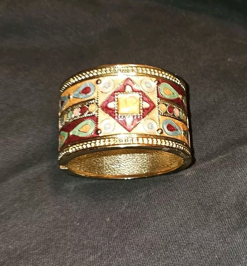 Vintage colorful enamel bracelet wide band hinged gold Egyptian/Tibetin - Thumbnail 2