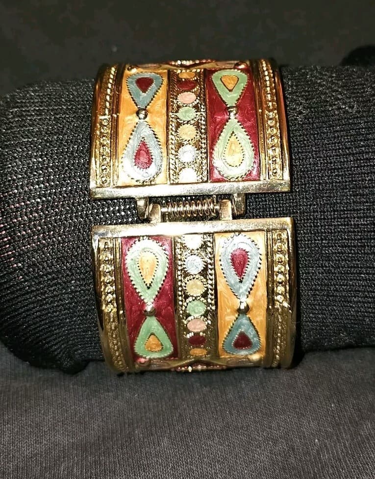 Vintage colorful enamel bracelet wide band hinged gold Egyptian/Tibetin - Thumbnail 4