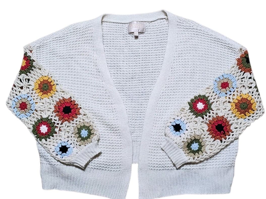 Audry Parks Granny Square Crochet Sleeve Open Front Cardigan Womans Size Med - Thumbnail 2