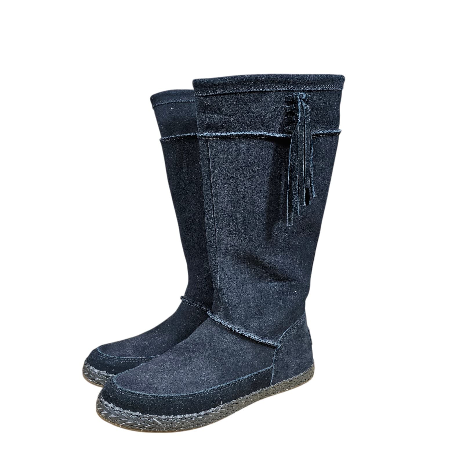 UGG Emerie Knee High Suede Boots Womens 6.5 Black Zip Fringe