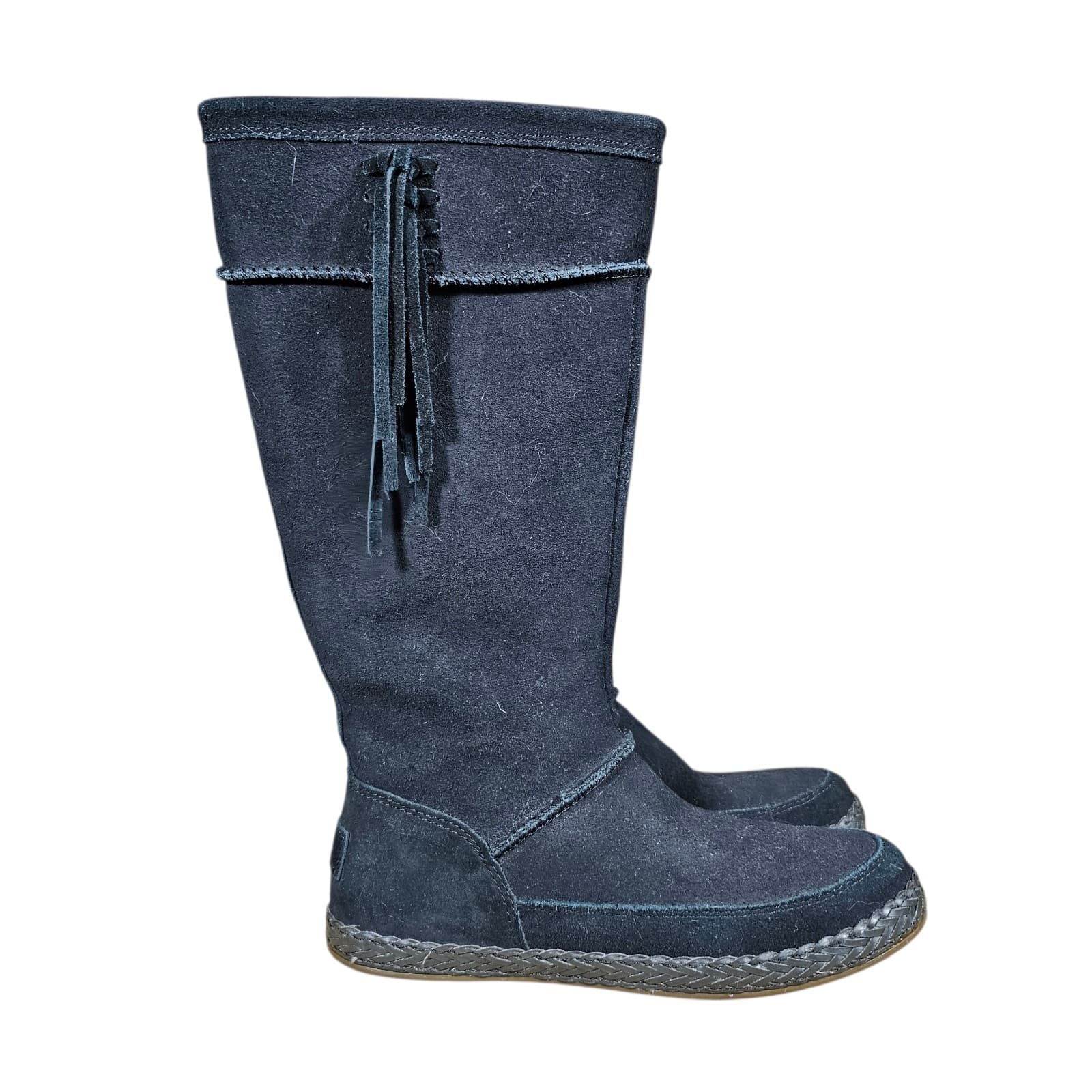 UGG Emerie Knee High Suede Boots Womens 6.5 Black Zip Fringe - Thumbnail 4