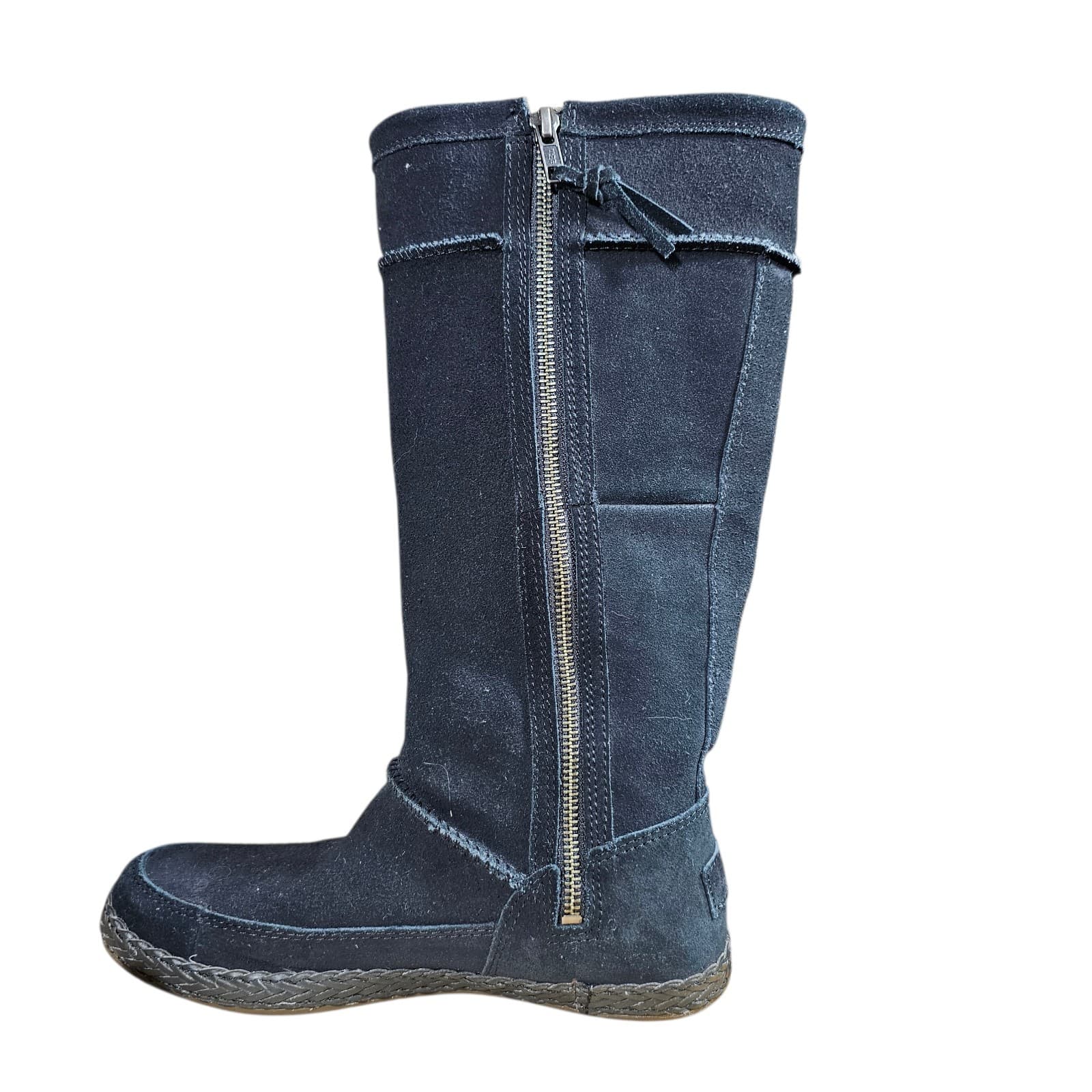 UGG Emerie Knee High Suede Boots Womens 6.5 Black Zip Fringe - Thumbnail 6