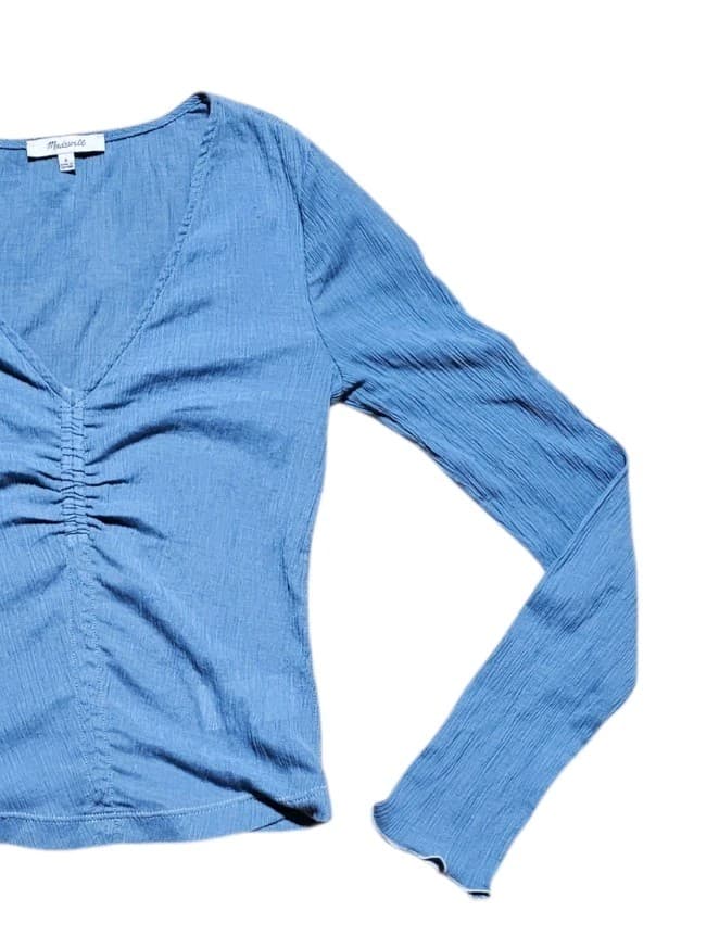 Madewell Semi-Sheer Shirred V-Neck Top Womans small Tranquil Lake Blue - Thumbnail 4