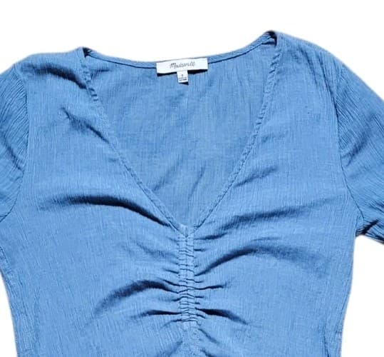 Madewell Semi-Sheer Shirred V-Neck Top Womans small Tranquil Lake Blue - Thumbnail 3
