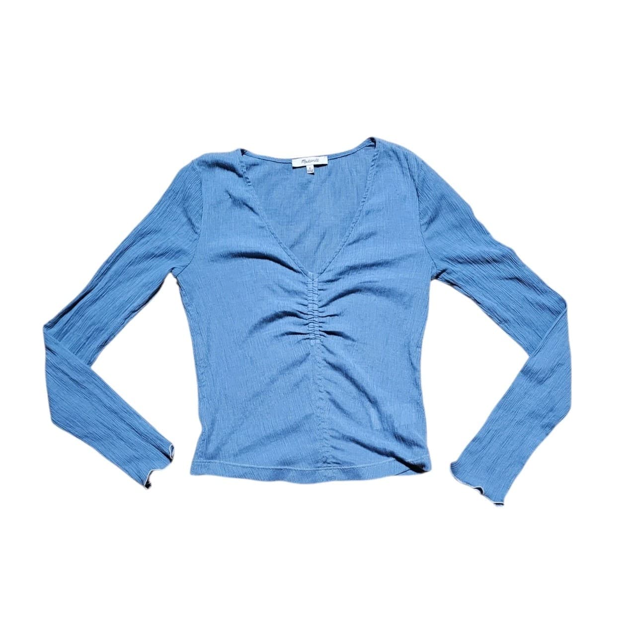 Madewell Semi-Sheer Shirred V-Neck Top Womans small Tranquil Lake Blue