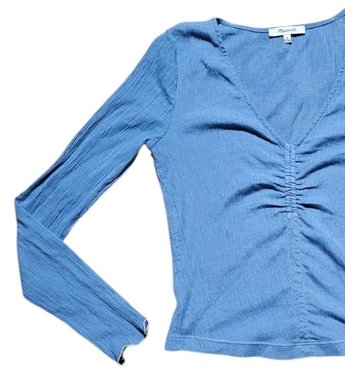 Madewell Semi-Sheer Shirred V-Neck Top Womans small Tranquil Lake Blue - Thumbnail 5