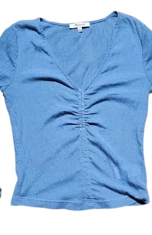 Madewell Semi-Sheer Shirred V-Neck Top Womans small Tranquil Lake Blue - Thumbnail 2
