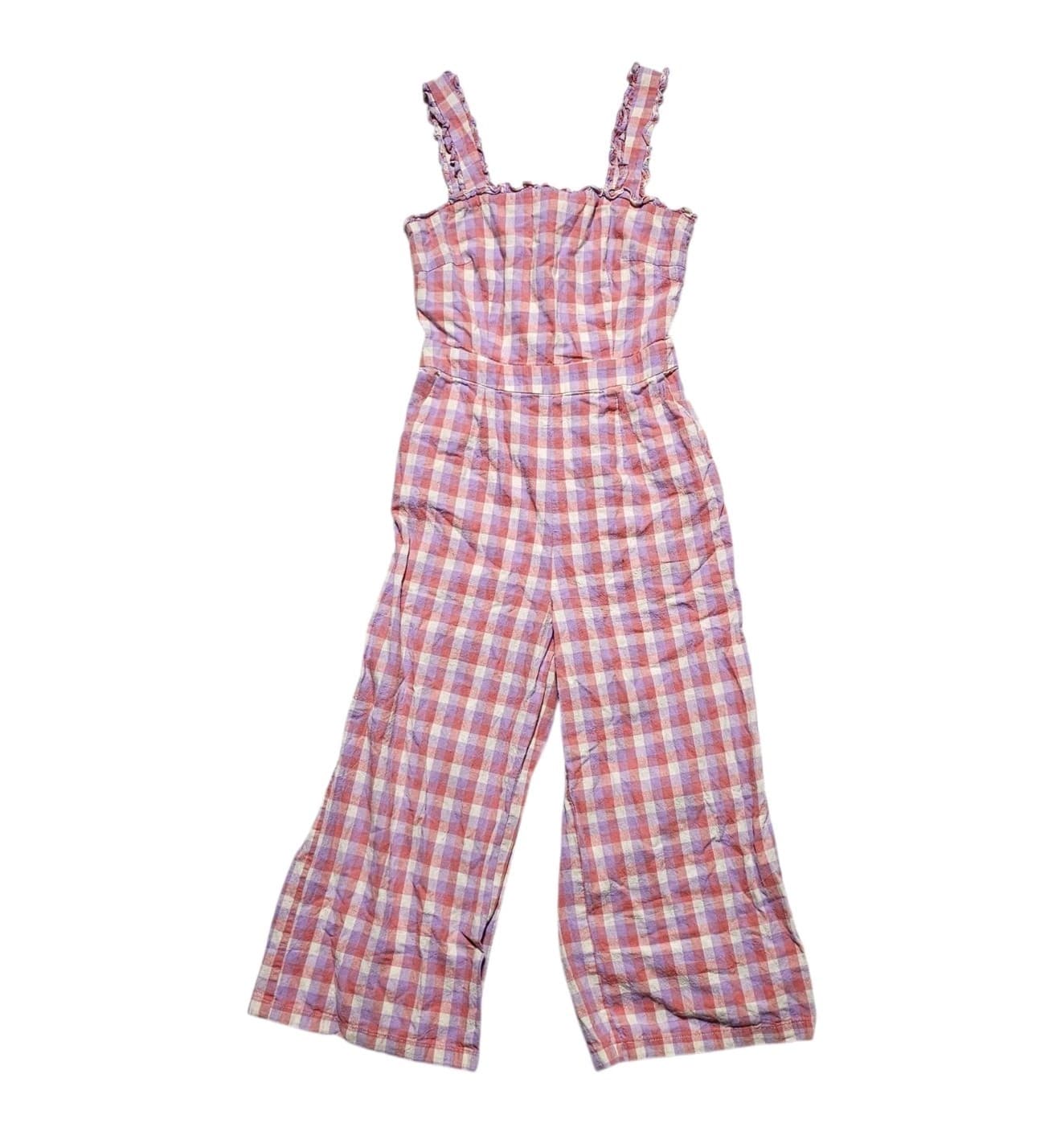 Frnch Paris Dreheli Plaid Jump Suit Wide Leg Ruffle Pink Purple Size S