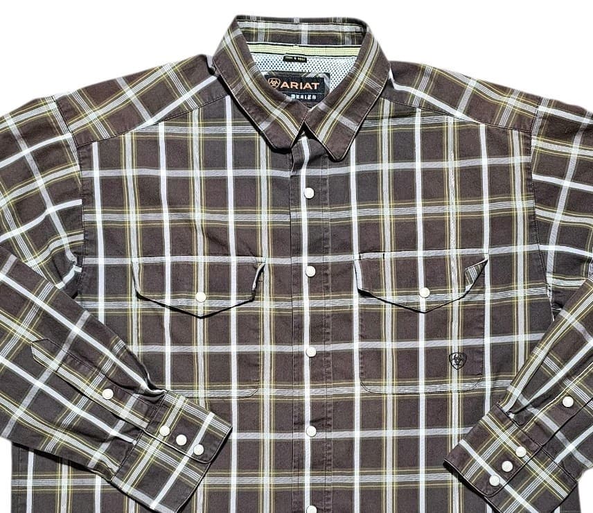 Ariat Pro Series Pearl Button Down Long Sleeve Brown Plaid Western Shirt Size L - Thumbnail 3