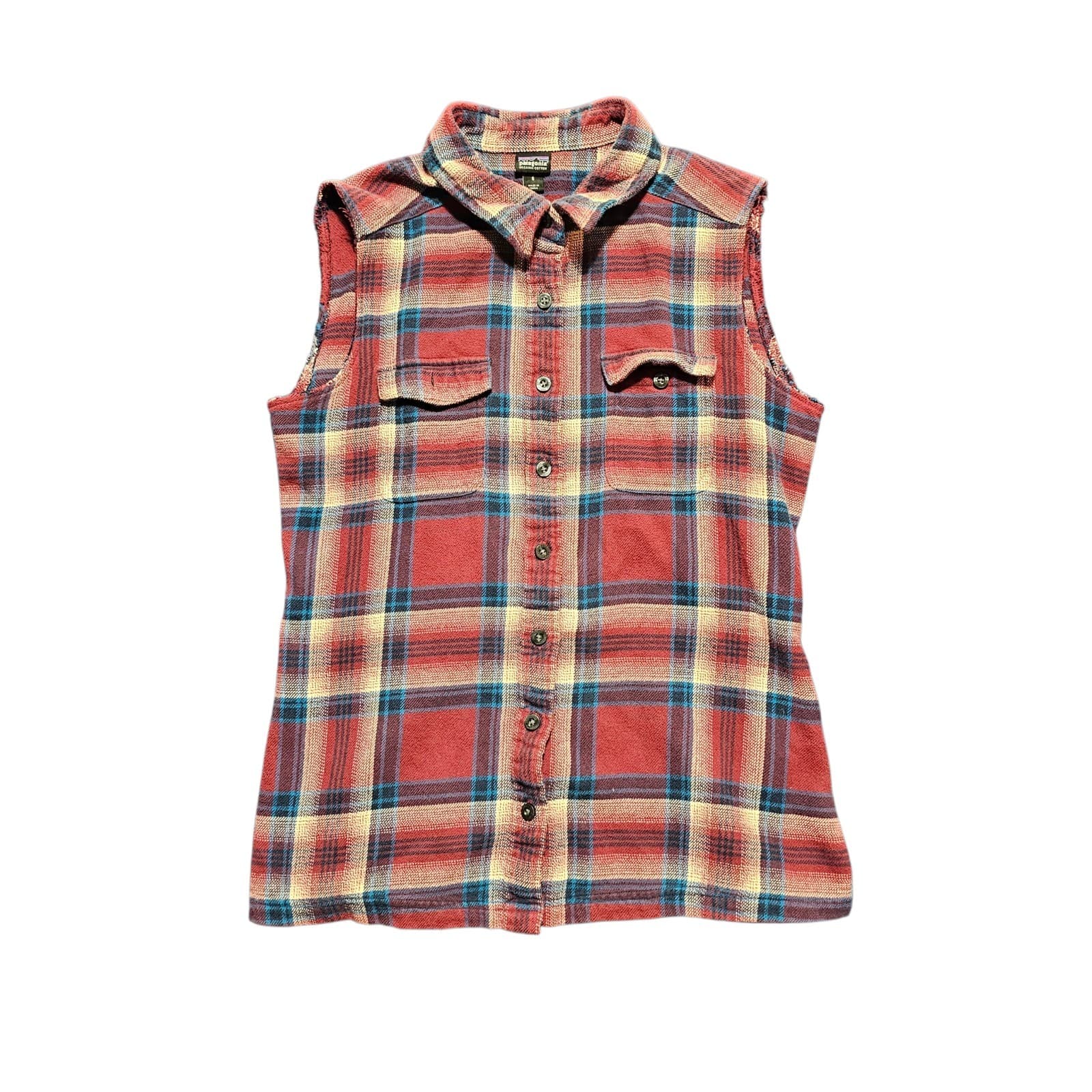 Patagonia Sleevless Flannel Button Down Shirt Womans Size Small