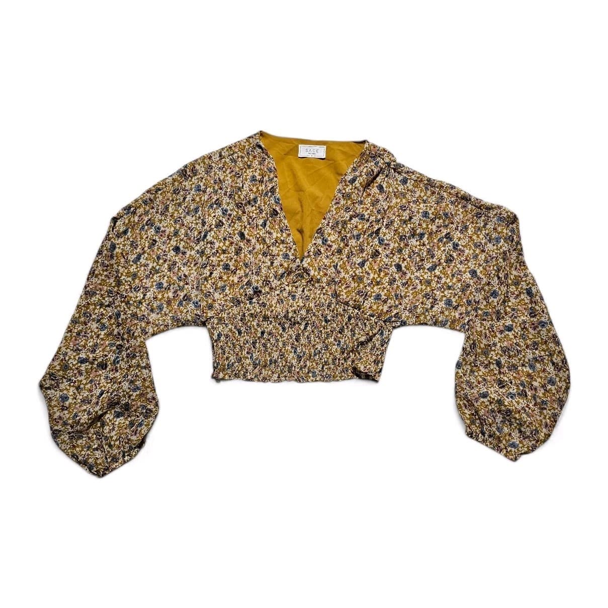 Sage The Label Honey Mustard Yellow Floral Print Smocked Vneck Top Womans...
