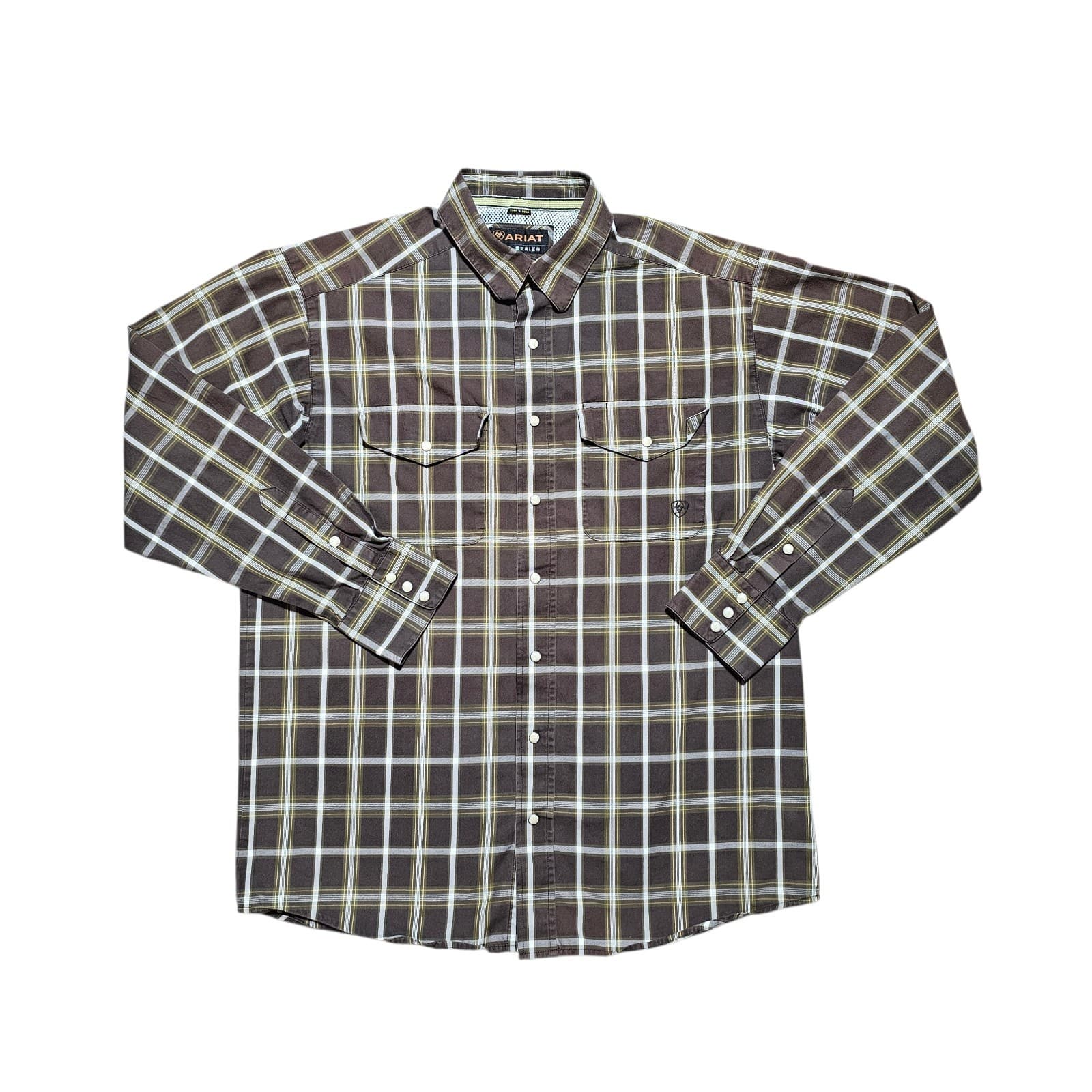 Ariat Pro Series Pearl Button Down Long Sleeve Brown Plaid Western Shirt Size L