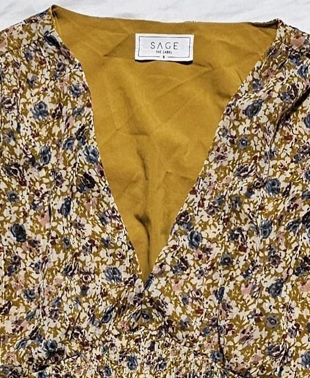 Sage The Label Honey Mustard Yellow Floral Print Smocked Vneck Top Womans... - Thumbnail 9