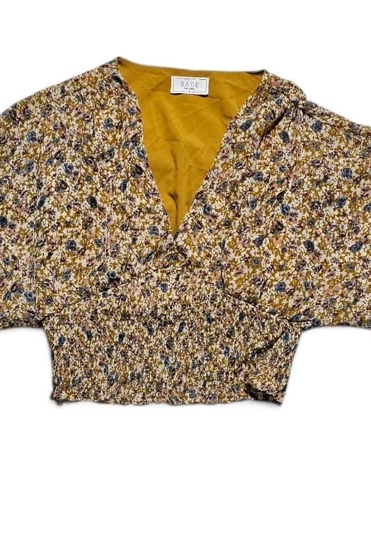 Sage The Label Honey Mustard Yellow Floral Print Smocked Vneck Top Womans... - Thumbnail 2