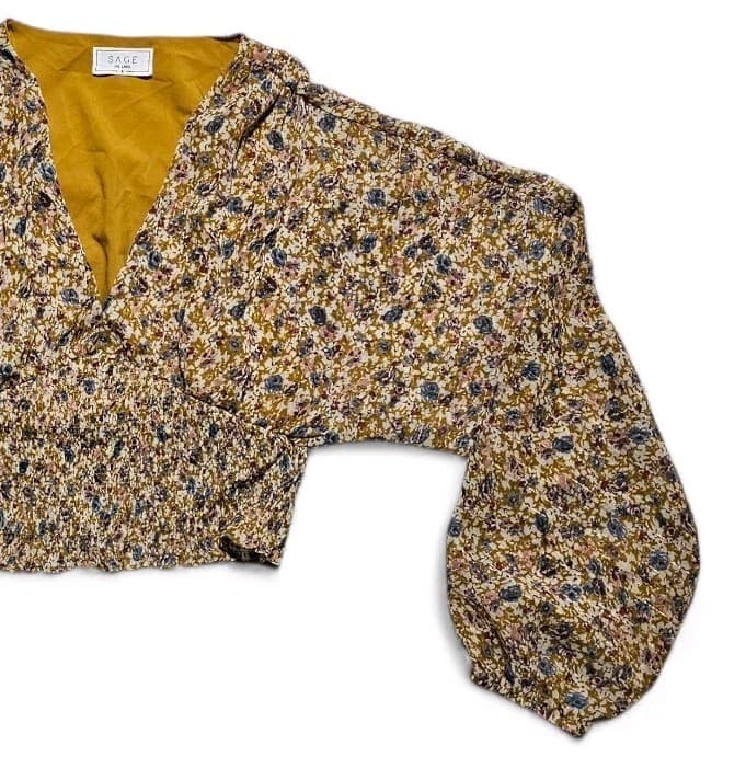Sage The Label Honey Mustard Yellow Floral Print Smocked Vneck Top Womans... - Thumbnail 4