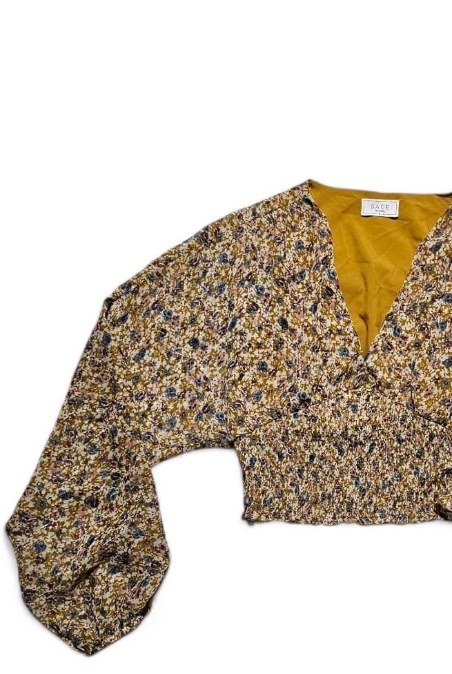 Sage The Label Honey Mustard Yellow Floral Print Smocked Vneck Top Womans... - Thumbnail 3