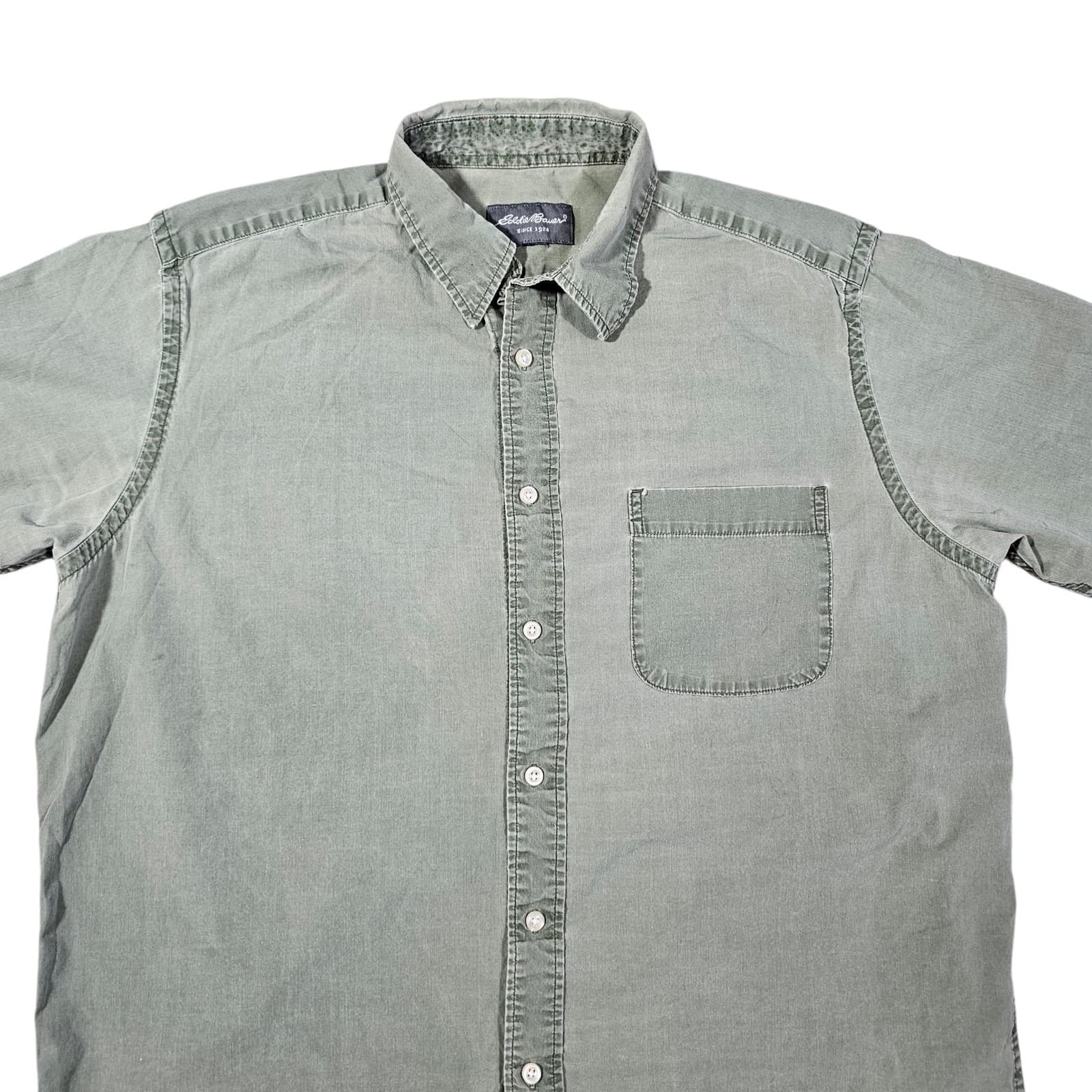 Eddie Bauer Mens Medium Green 100% Cotton Casual Button Up Short Sleeve Shirt - Thumbnail 2