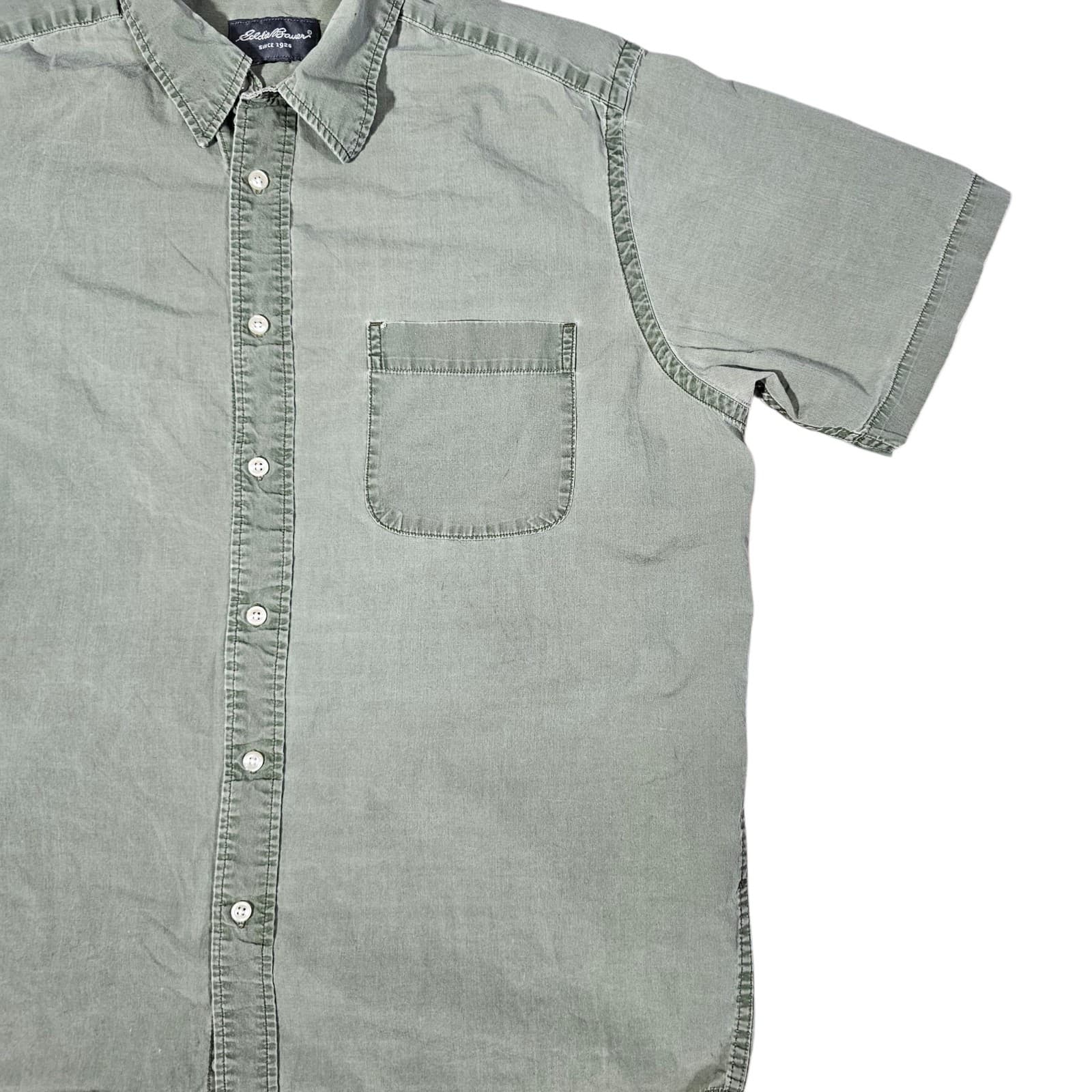 Eddie Bauer Mens Medium Green 100% Cotton Casual Button Up Short Sleeve Shirt - Thumbnail 4