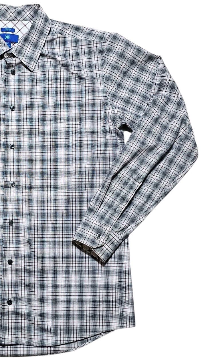 Egara Dress Shirt Men XLT Blue Gray Plaid Non Iron Slim Fit Collared Button Down - Thumbnail 4