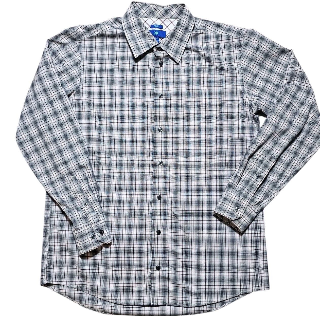 Egara Dress Shirt Men XLT Blue Gray Plaid Non Iron Slim Fit Collared Button Down - Thumbnail 2