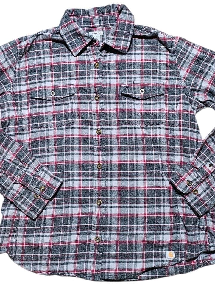 Carhartt Gray Maroon Plaid Flannel Shirt Womens L 12-14 Button Down - Thumbnail 2