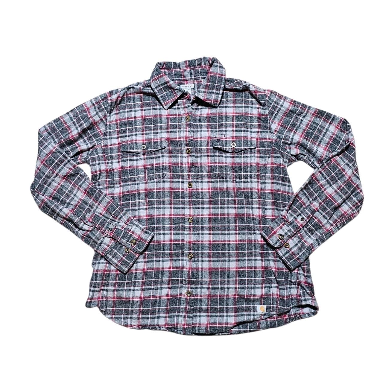 Carhartt Gray Maroon Plaid Flannel Shirt Womens L 12-14 Button Down
