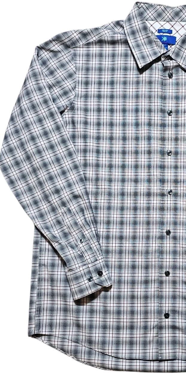 Egara Dress Shirt Men XLT Blue Gray Plaid Non Iron Slim Fit Collared Button Down - Thumbnail 3