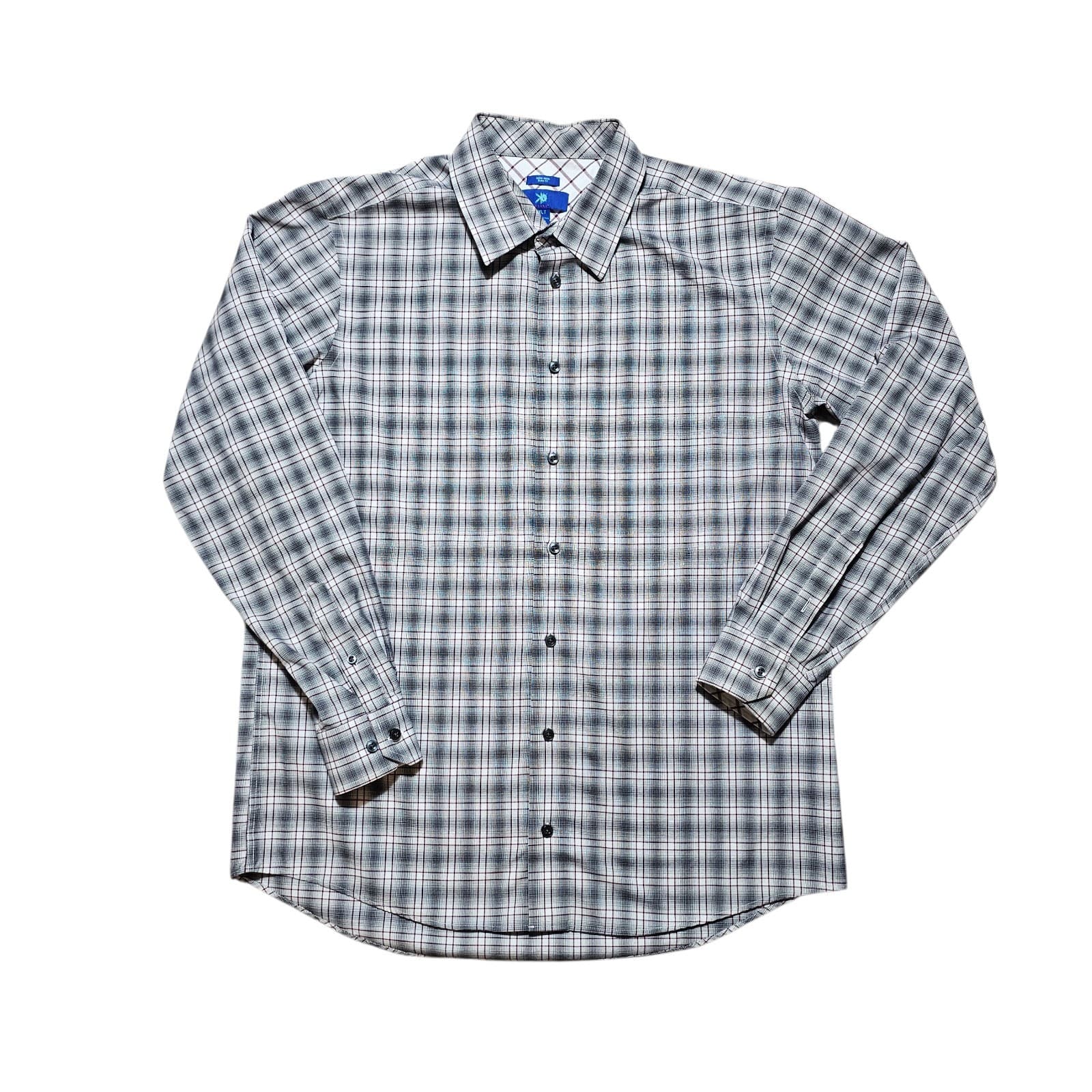 Egara Dress Shirt Men XLT Blue Gray Plaid Non Iron Slim Fit Collared Button Down
