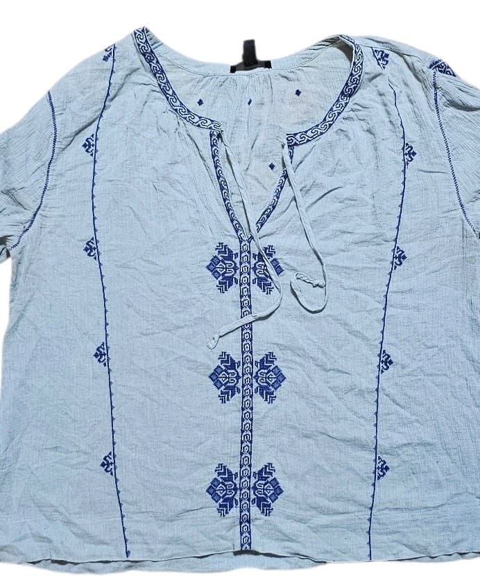 J Crew Cotton Embroidered Peasant Blouse Blue Light Weight Gauzy Women's Size 12 - Thumbnail 2