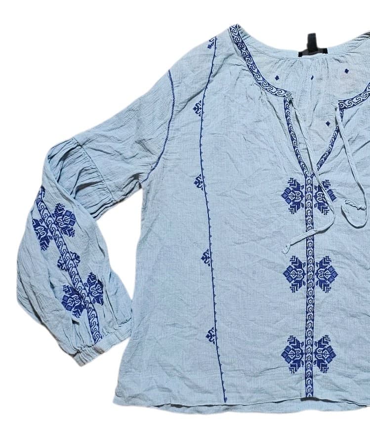 J Crew Cotton Embroidered Peasant Blouse Blue Light Weight Gauzy Women's Size 12 - Thumbnail 3