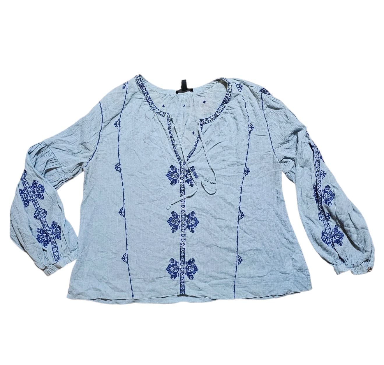J Crew Cotton Embroidered Peasant Blouse Blue Light Weight Gauzy Women's Size 12