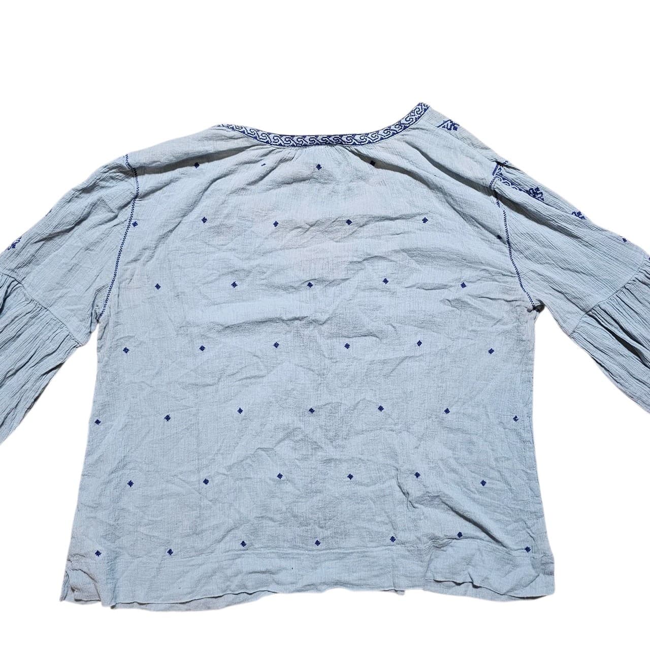 J Crew Cotton Embroidered Peasant Blouse Blue Light Weight Gauzy Women's Size 12 - Thumbnail 5