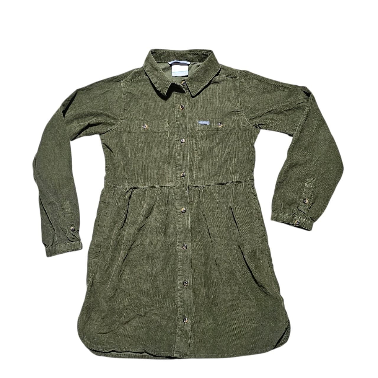 Columbia Girls Green Olive Corduroy Shirt Dress- Size Large (10/12)