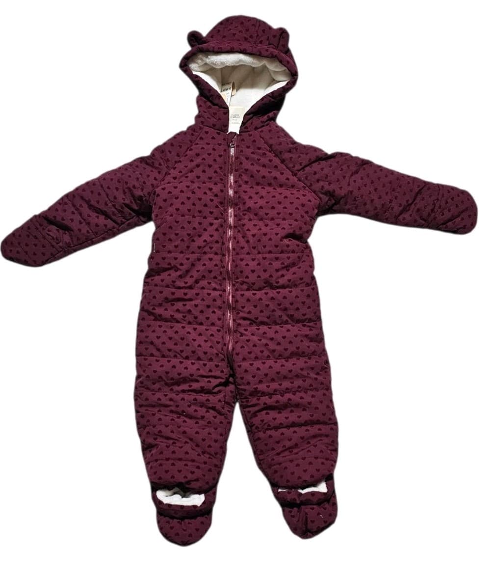 First Impressions Maroon Flocked Hooded Footed Snow Suit Baby Girls 24 Mothns - Thumbnail 2