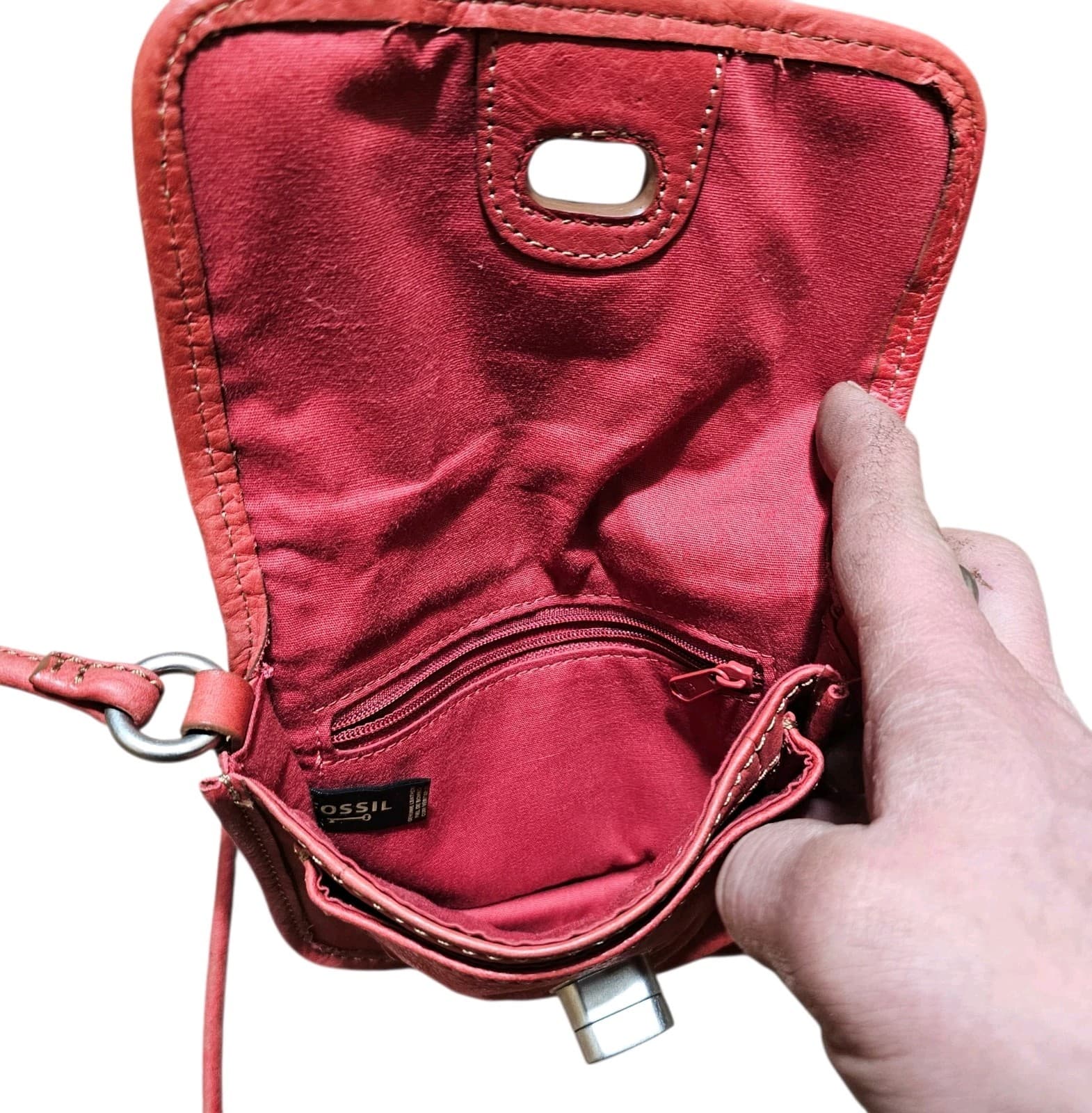 Fossil Pink Peach Genuine Leather Shoulder Bag Small Purse Pre-owned 6 1/2 X 5” - Thumbnail 6