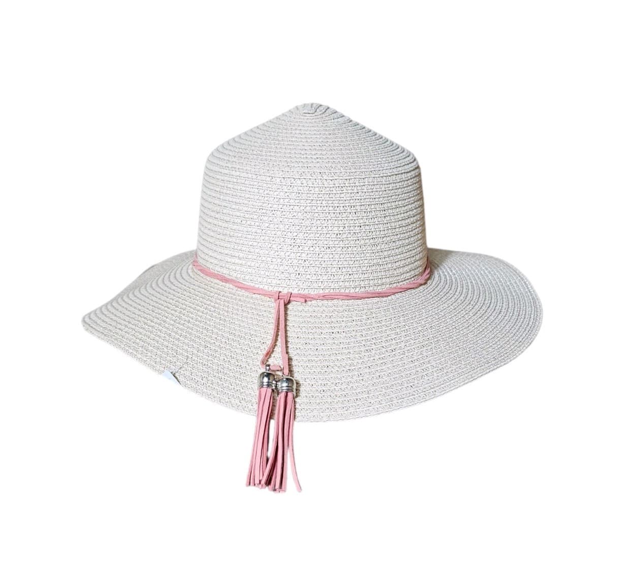 Braided White Straw Sun Hat With Pink Tassel Unbraned Nwt